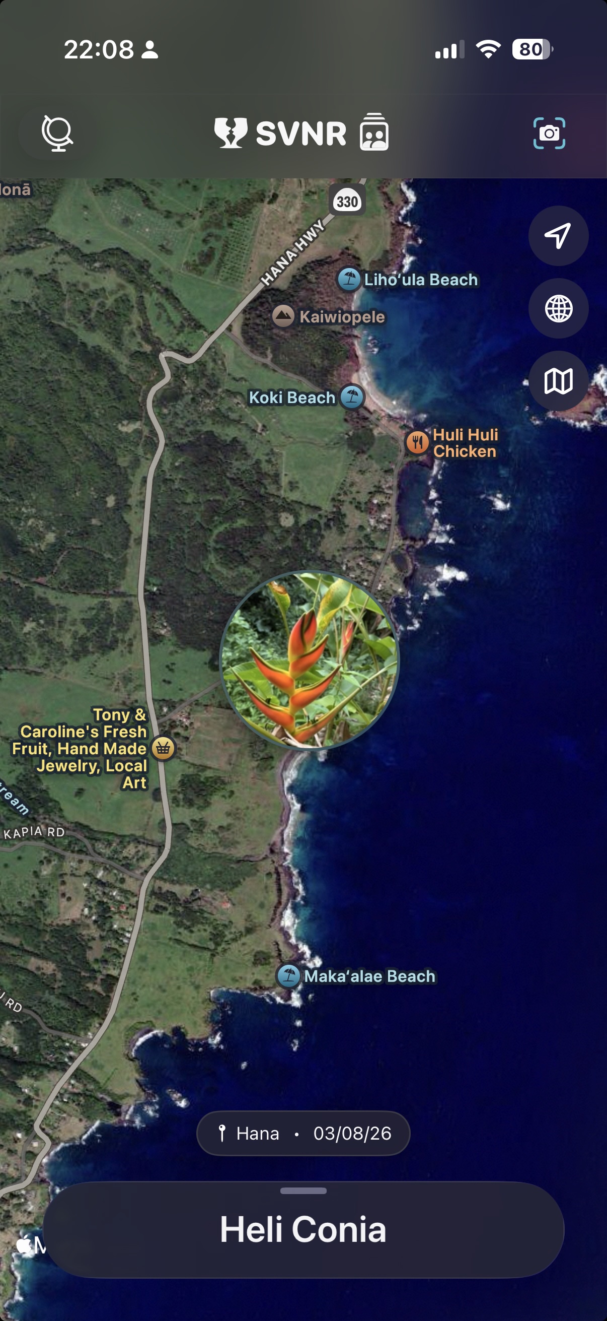 SVNR map view showing a heliconia souvenir pinned to Hana, Maui